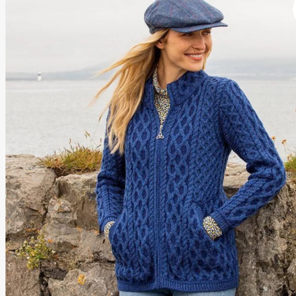 Aran Crafts‎ Ireland Blue Cable Knit Merino Wool Zip Cardigan Sweater S Cottage - Picture 2 of 16